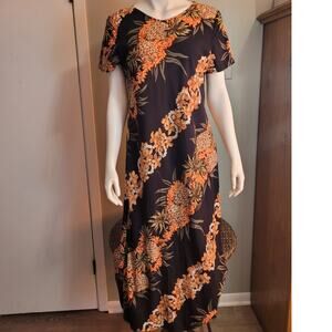 Vntg 90s Y2K Hilo Hattie Hawaiian Maxi Dress Large Pineapple Floral Tropical